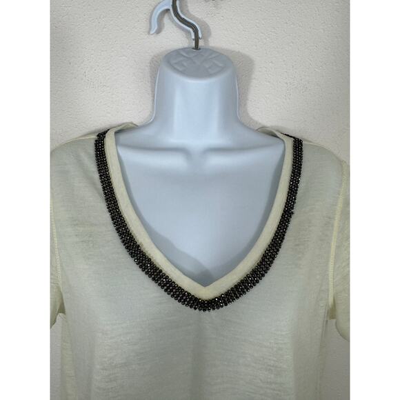 H&M Cream Rhinestone V-Neck Linen Blend Top Size M - Picture 2 of 6